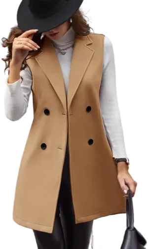 IDEALSANXUN Womens Long Wool Vest Fall Winter Sleeveless Blazer Jackets Double Breasted Trench Coats