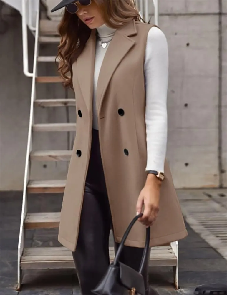 IDEALSANXUN Womens Long Wool Vest Fall Winter Sleeveless Blazer Jackets Double Breasted Trench Coats