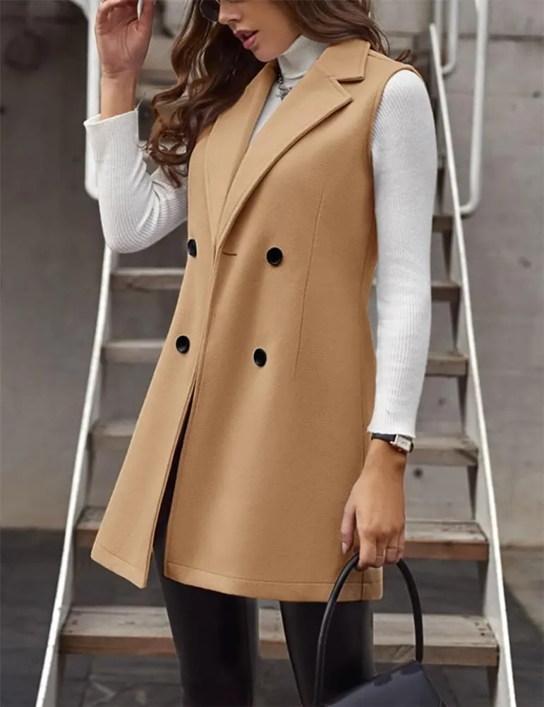 IDEALSANXUN Womens Long Wool Vest Fall Winter Sleeveless Blazer Jackets Double Breasted Trench Coats