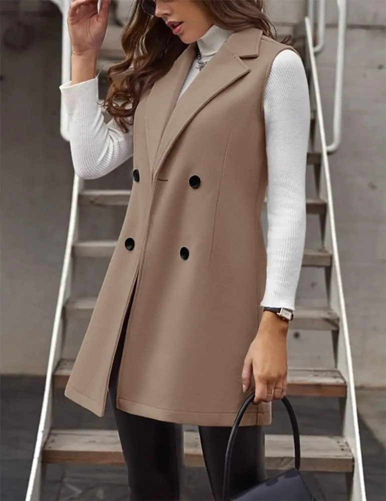 IDEALSANXUN Womens Long Wool Vest Fall Winter Sleeveless Blazer Jackets Double Breasted Trench Coats