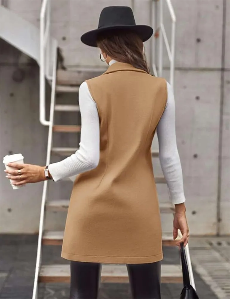 IDEALSANXUN Womens Long Wool Vest Fall Winter Sleeveless Blazer Jackets Double Breasted Trench Coats