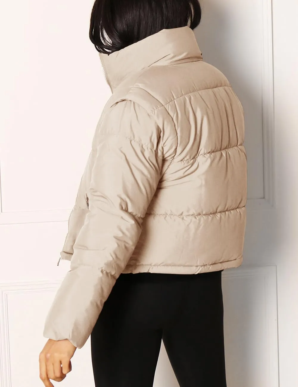 Imily Bela Women's Winter Puffer Down Jacket Stand Collar Cropped Vest with Detachable Sleeves
