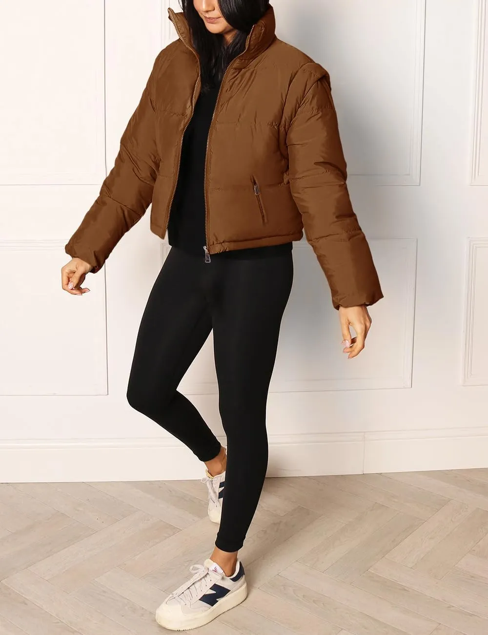 Imily Bela Women's Winter Puffer Down Jacket Stand Collar Cropped Vest with Detachable Sleeves