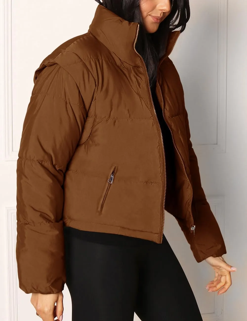 Imily Bela Women's Winter Puffer Down Jacket Stand Collar Cropped Vest with Detachable Sleeves