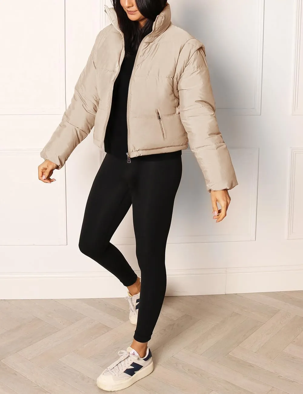 Imily Bela Women's Winter Puffer Down Jacket Stand Collar Cropped Vest with Detachable Sleeves