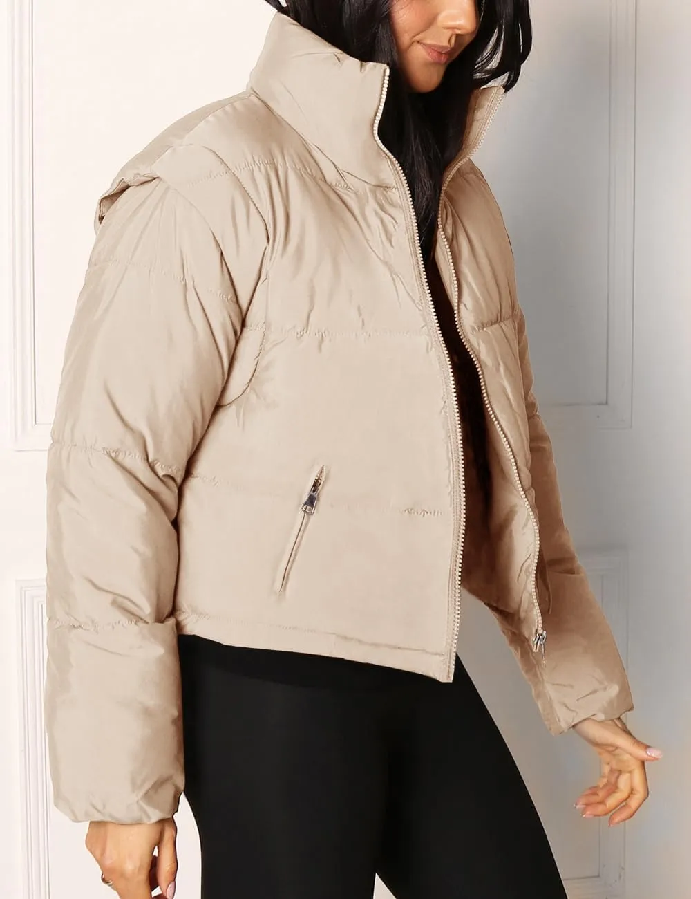 Imily Bela Women's Winter Puffer Down Jacket Stand Collar Cropped Vest with Detachable Sleeves