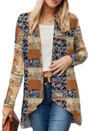 IVERIRMIN Womens Boho Floral Draped Open Front Jacket Lightweight Tribal Print Cardigan Striped Kimono Indian Vintage Outwear