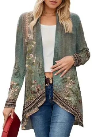 IVERIRMIN Womens Boho Floral Draped Open Front Jacket Lightweight Tribal Print Cardigan Striped Kimono Indian Vintage Outwear