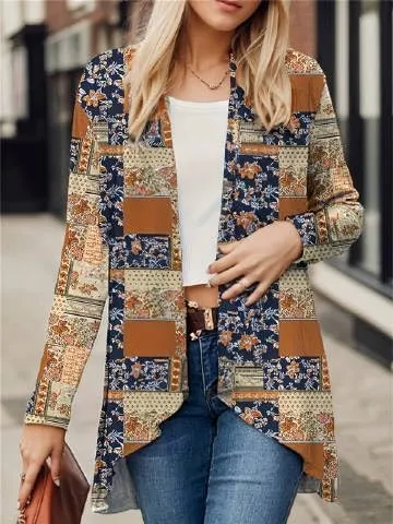 IVERIRMIN Womens Boho Floral Draped Open Front Jacket Lightweight Tribal Print Cardigan Striped Kimono Indian Vintage Outwear