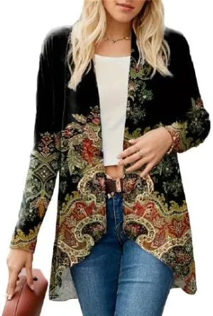 IVERIRMIN Womens Boho Floral Draped Open Front Jacket Lightweight Tribal Print Cardigan Striped Kimono Indian Vintage Outwear