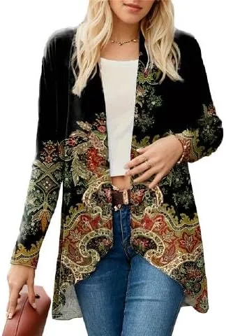 IVERIRMIN Womens Boho Floral Draped Open Front Jacket Lightweight Tribal Print Cardigan Striped Kimono Indian Vintage Outwear