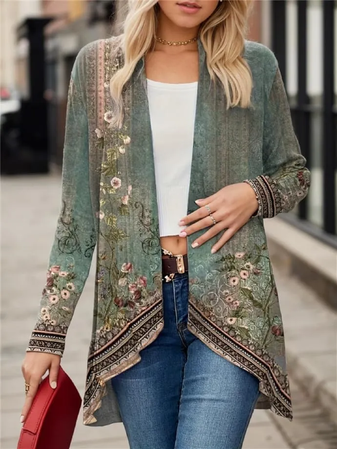 IVERIRMIN Womens Boho Floral Draped Open Front Jacket Lightweight Tribal Print Cardigan Striped Kimono Indian Vintage Outwear