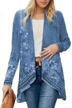 IVERIRMIN Womens Boho Floral Draped Open Front Jacket Lightweight Tribal Print Cardigan Striped Kimono Indian Vintage Outwear