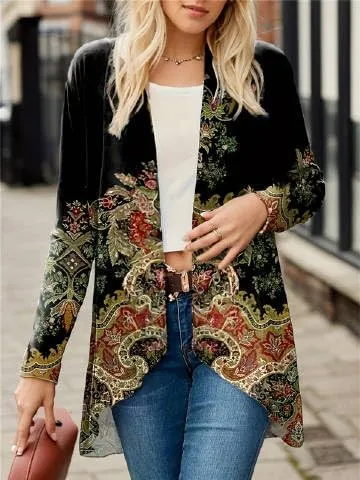 IVERIRMIN Womens Boho Floral Draped Open Front Jacket Lightweight Tribal Print Cardigan Striped Kimono Indian Vintage Outwear