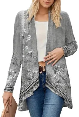IVERIRMIN Womens Boho Floral Draped Open Front Jacket Lightweight Tribal Print Cardigan Striped Kimono Indian Vintage Outwear