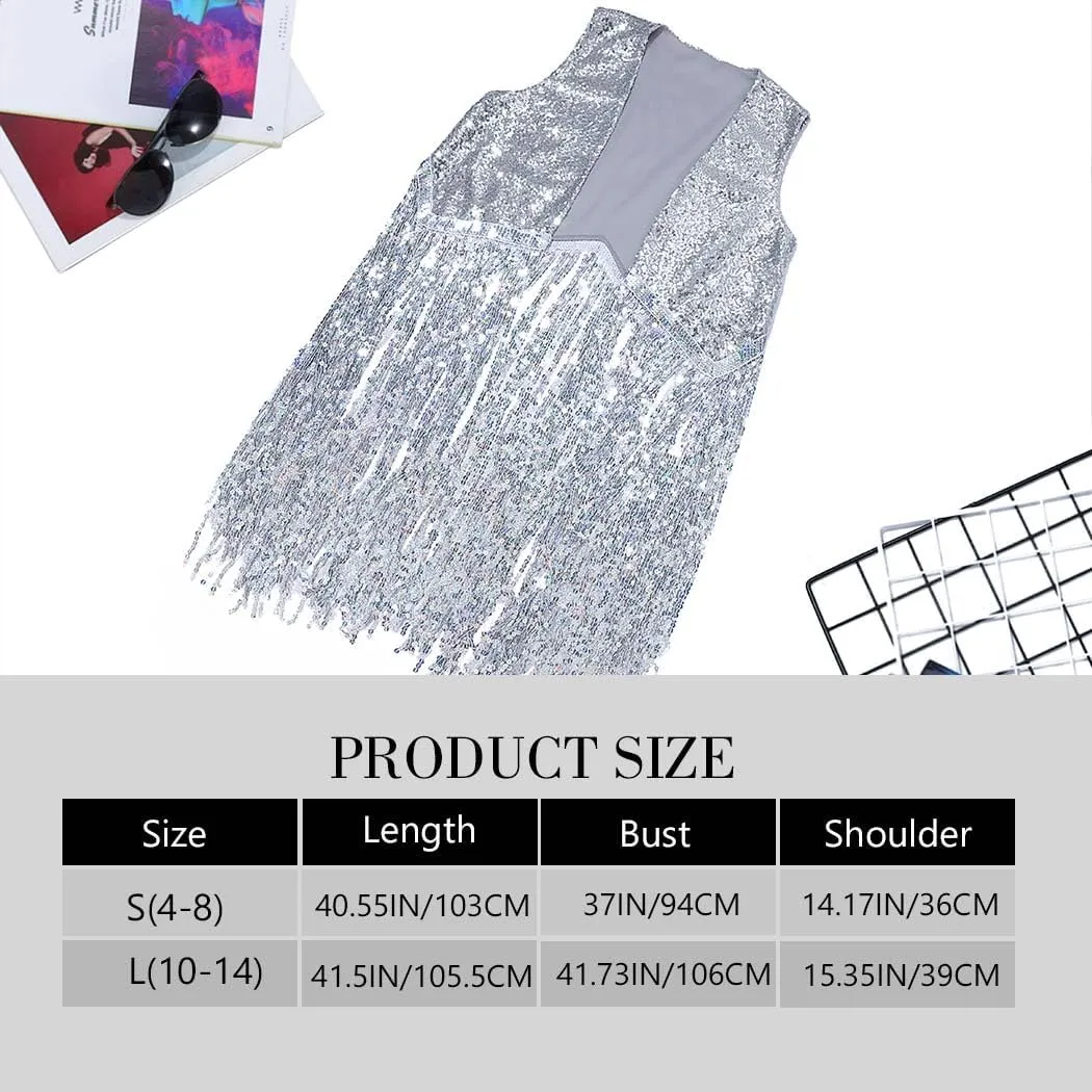 JAKAWIN Fringe Sequin Vest Sparkly Disco Party Rave Jacket for Women BO9246