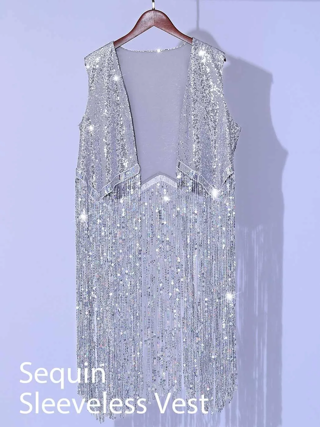 JAKAWIN Fringe Sequin Vest Sparkly Disco Party Rave Jacket for Women BO9246