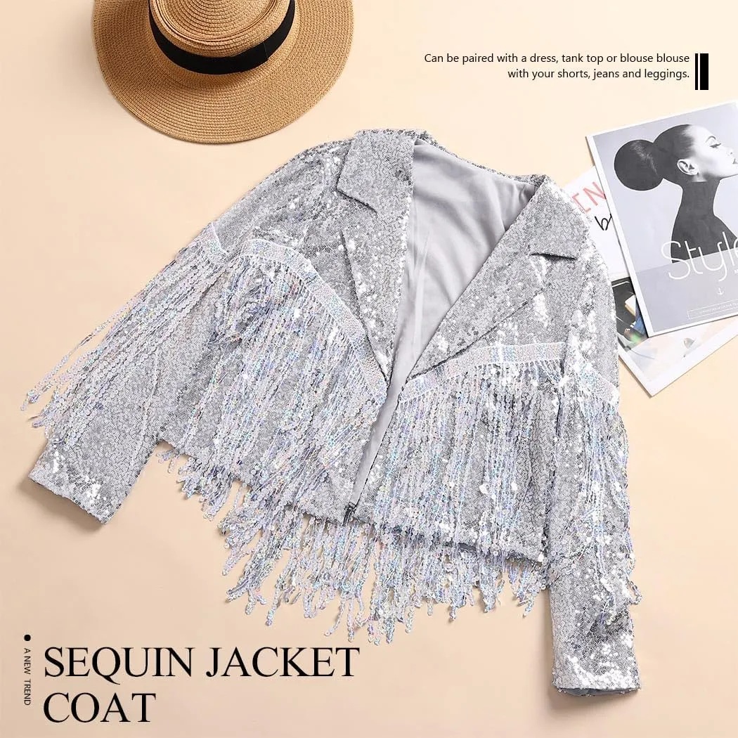 JAKAWIN Womens Fringe Sequin Jacket Coat Long Sleeve Disco Theme Concert Rave Tassel Bomber Jackets