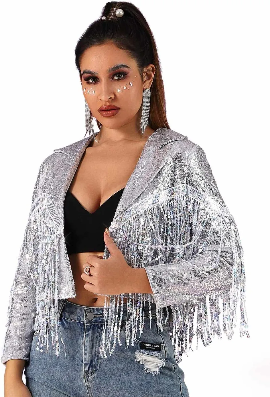 JAKAWIN Womens Fringe Sequin Jacket Coat Long Sleeve Disco Theme Concert Rave Tassel Bomber Jackets