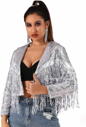 JAKAWIN Womens Fringe Sequin Jacket Coat Long Sleeve Disco Theme Concert Rave Tassel Bomber Jackets