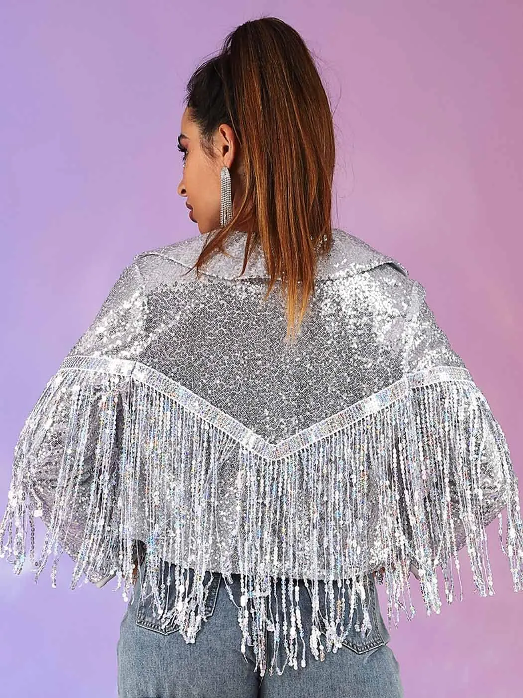 JAKAWIN Womens Fringe Sequin Jacket Coat Long Sleeve Disco Theme Concert Rave Tassel Bomber Jackets