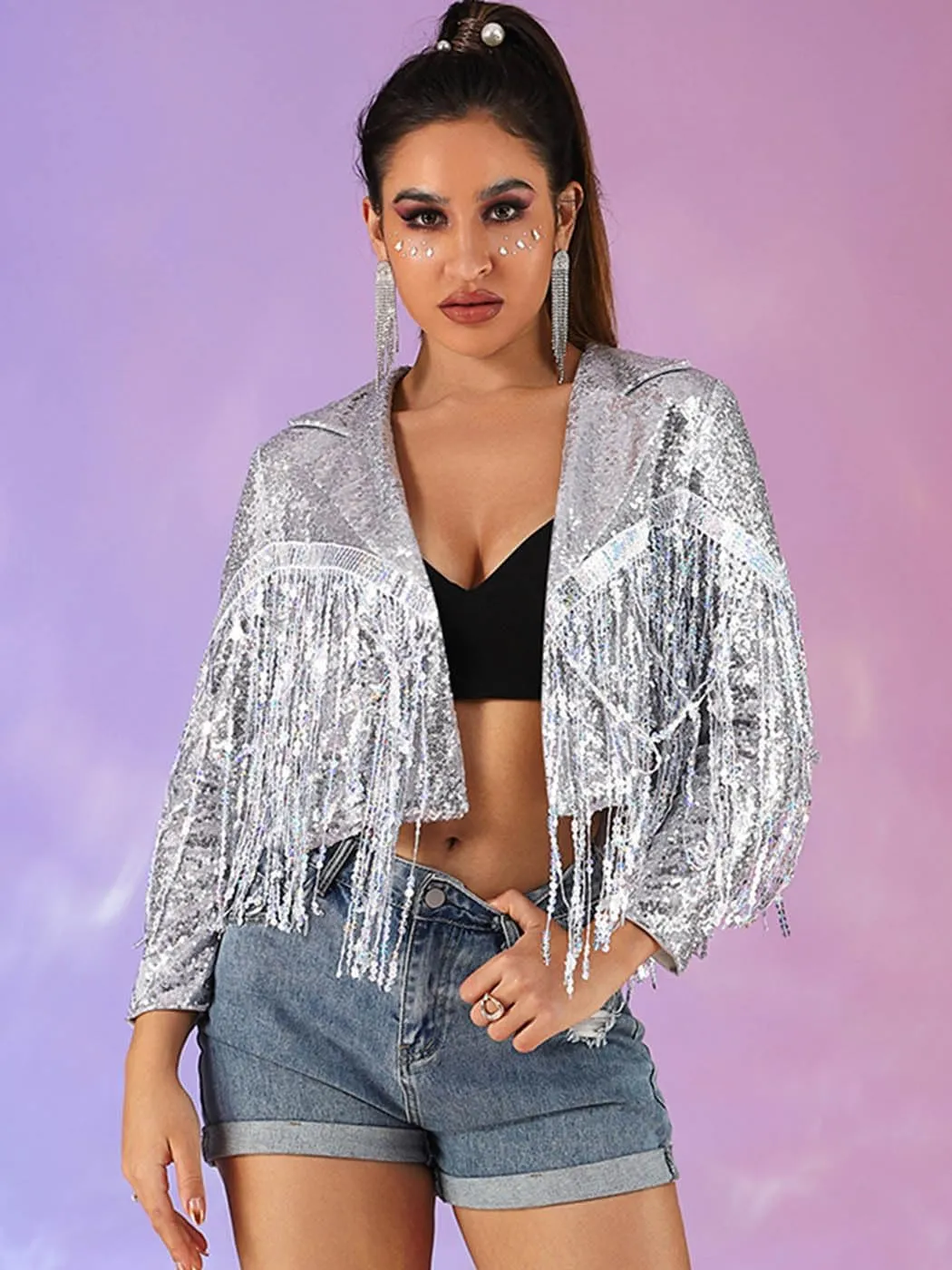 JAKAWIN Womens Fringe Sequin Jacket Coat Long Sleeve Disco Theme Concert Rave Tassel Bomber Jackets