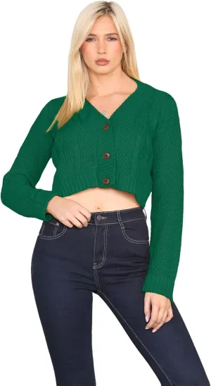 Janisramone Womens Cable Knitted Cardigan, 3 Buttons Long Sleeve Top, Cropped Jumper, Ladies Party Jumpers Warm Lady Sweater