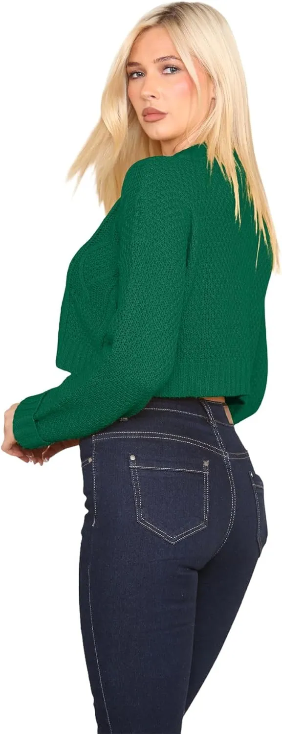 Janisramone Womens Cable Knitted Cardigan, 3 Buttons Long Sleeve Top, Cropped Jumper, Ladies Party Jumpers Warm Lady Sweater
