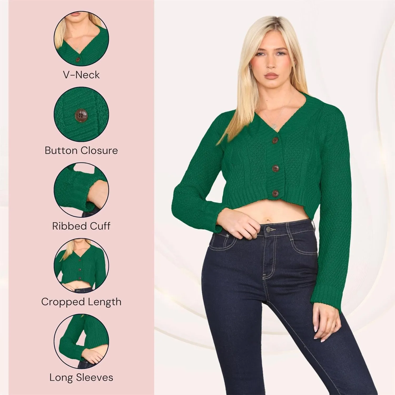 Janisramone Womens Cable Knitted Cardigan, 3 Buttons Long Sleeve Top, Cropped Jumper, Ladies Party Jumpers Warm Lady Sweater