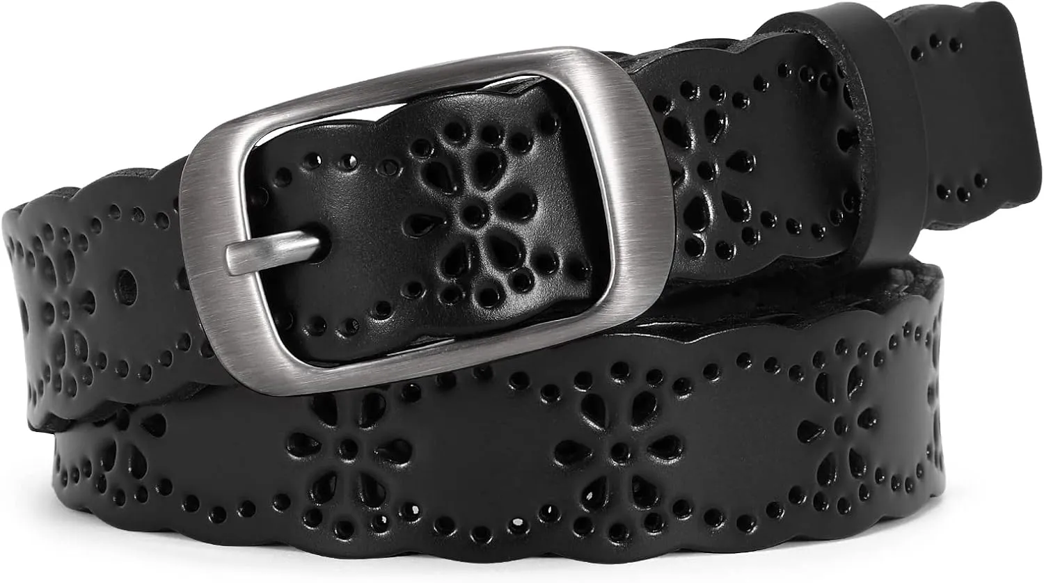 JASGOOD Women Hollow Flower Leather Belt for Jeans Pants Soft Leather Belt with Solid Pin Buckle