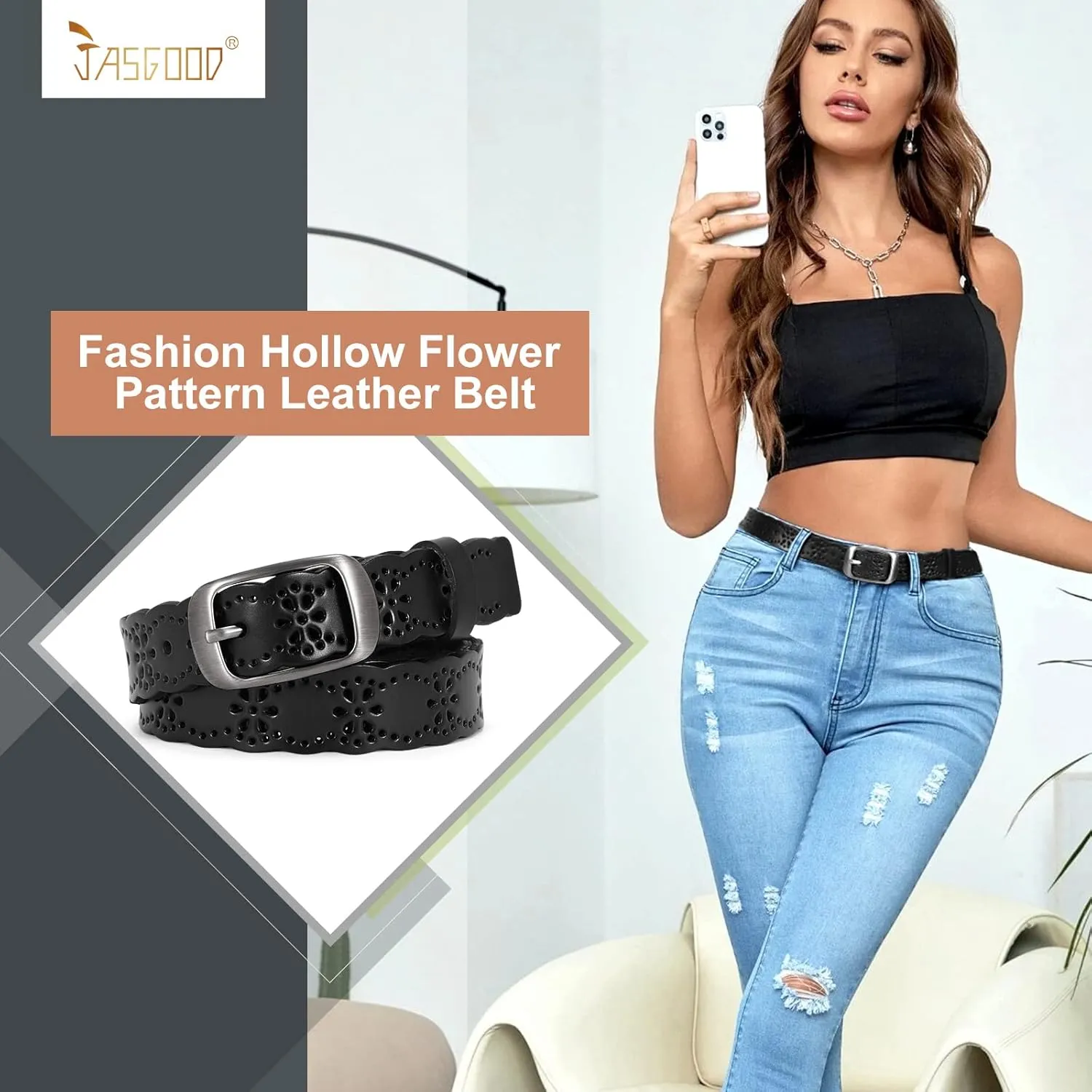 JASGOOD Women Hollow Flower Leather Belt for Jeans Pants Soft Leather Belt with Solid Pin Buckle