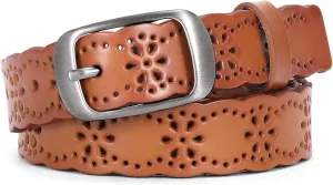 JASGOOD Women Hollow Flower Leather Belt for Jeans Pants Soft Leather Belt with Solid Pin Buckle