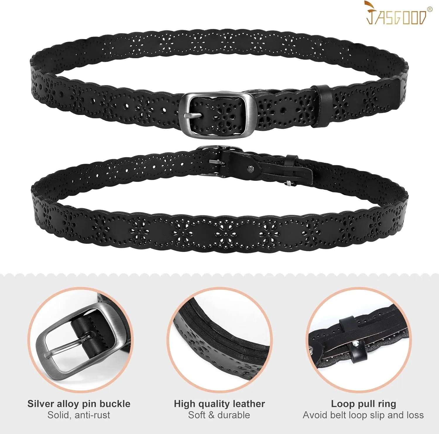 JASGOOD Women Hollow Flower Leather Belt for Jeans Pants Soft Leather Belt with Solid Pin Buckle