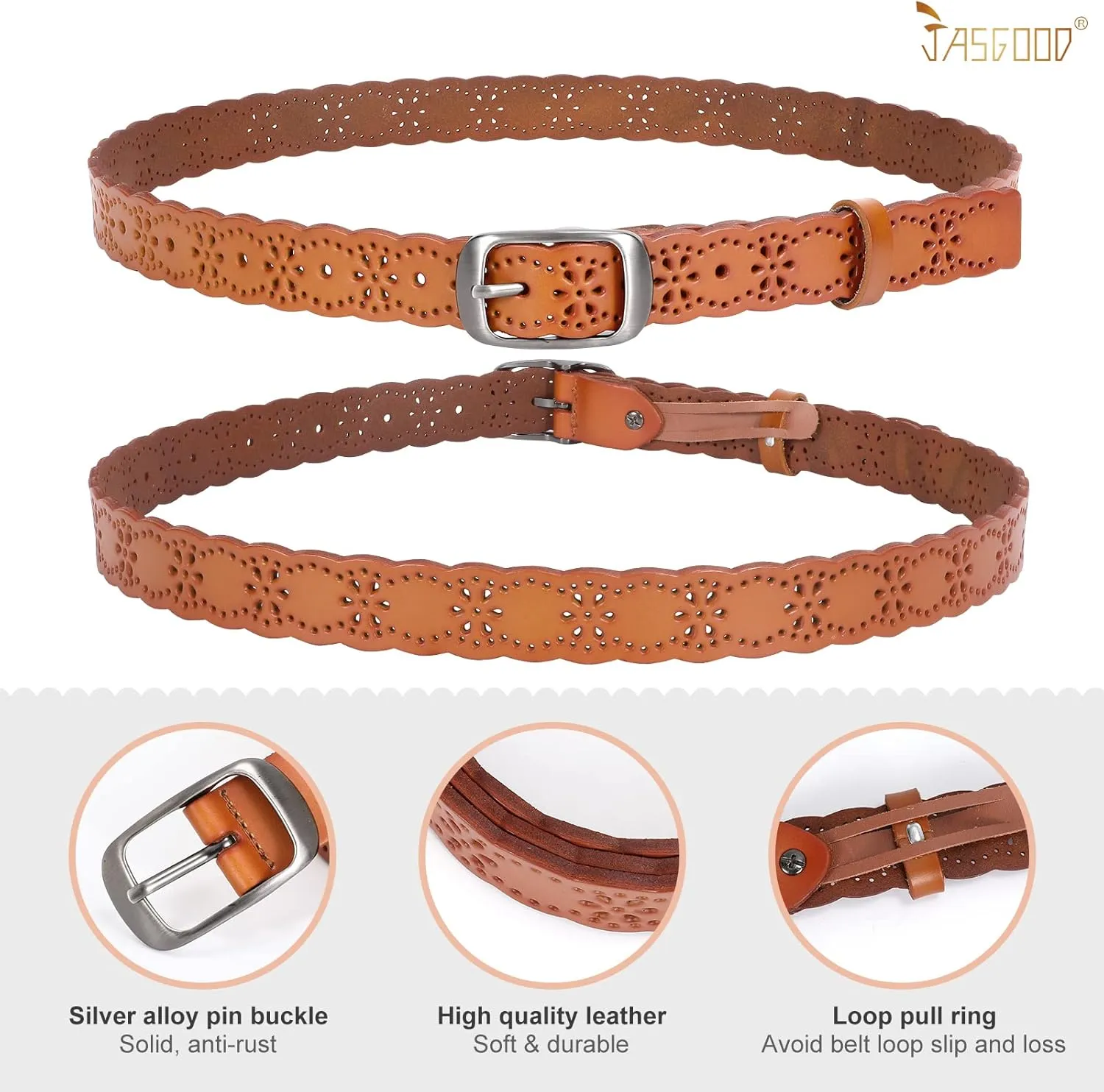 JASGOOD Women Hollow Flower Leather Belt for Jeans Pants Soft Leather Belt with Solid Pin Buckle