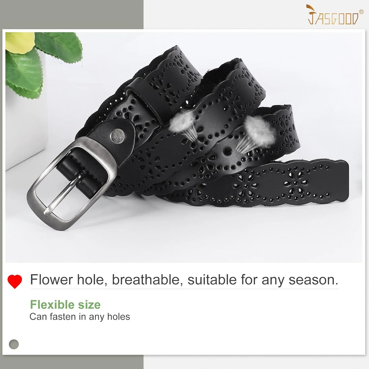 JASGOOD Women Hollow Flower Leather Belt for Jeans Pants Soft Leather Belt with Solid Pin Buckle
