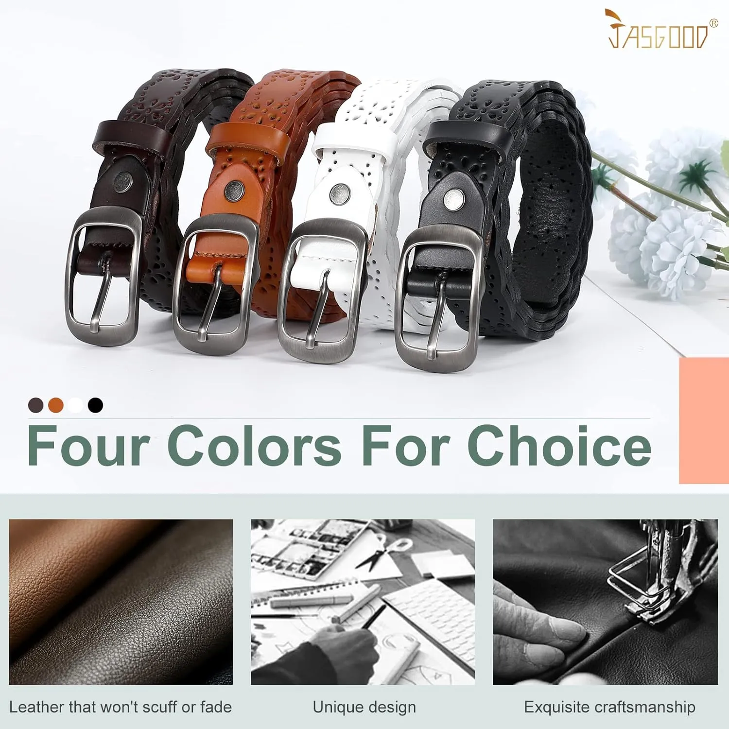 JASGOOD Women Hollow Flower Leather Belt for Jeans Pants Soft Leather Belt with Solid Pin Buckle