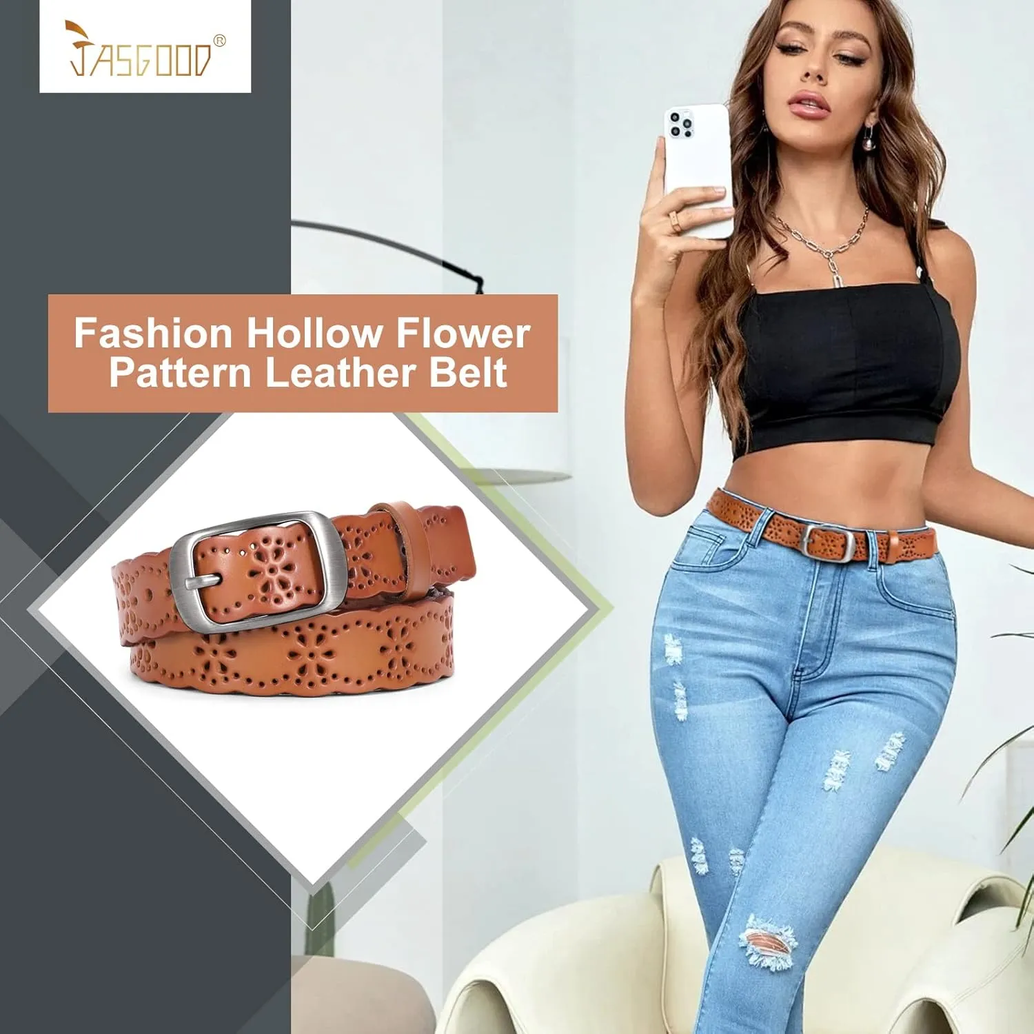 JASGOOD Women Hollow Flower Leather Belt for Jeans Pants Soft Leather Belt with Solid Pin Buckle