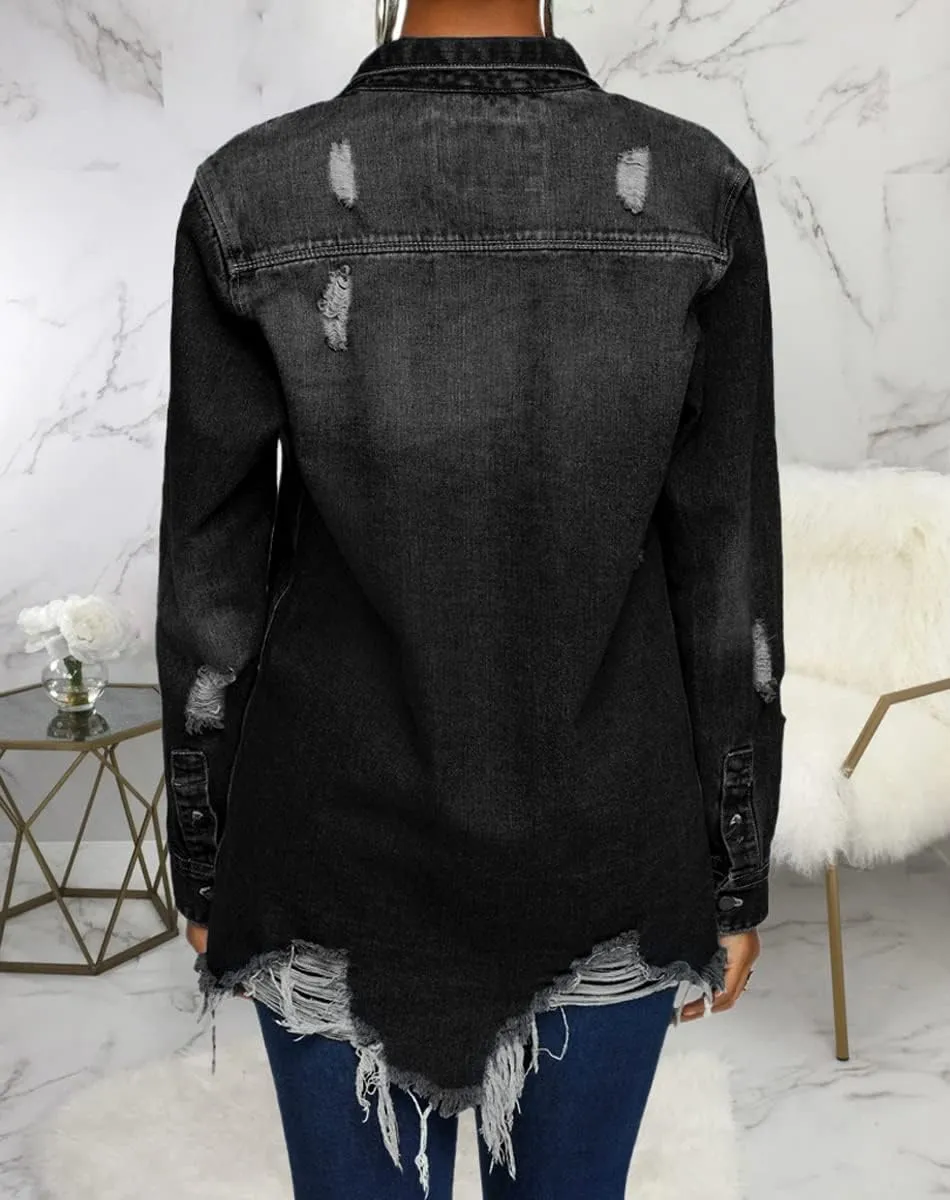 Jean Jacket for Women Distressed Long Sleeve Oversized Denim Trucker Jackets Coat