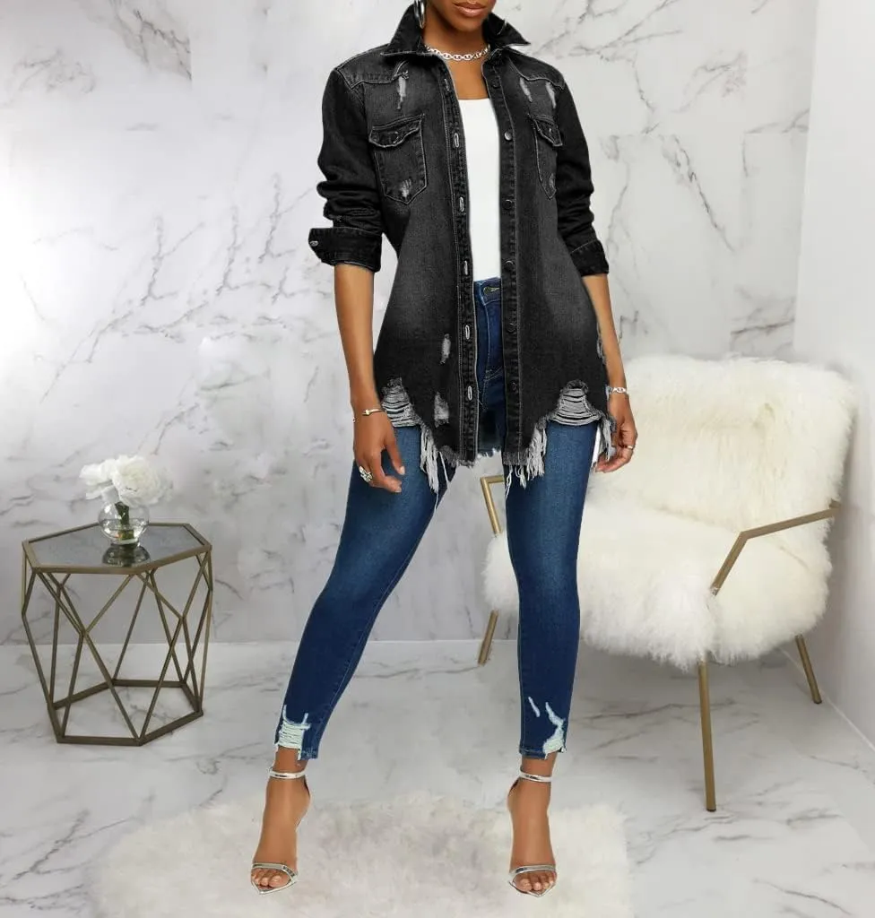 Jean Jacket for Women Distressed Long Sleeve Oversized Denim Trucker Jackets Coat
