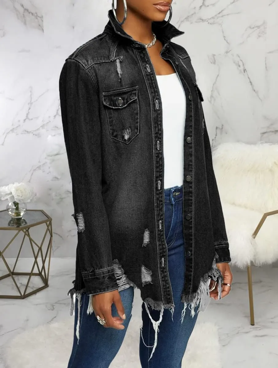 Jean Jacket for Women Distressed Long Sleeve Oversized Denim Trucker Jackets Coat