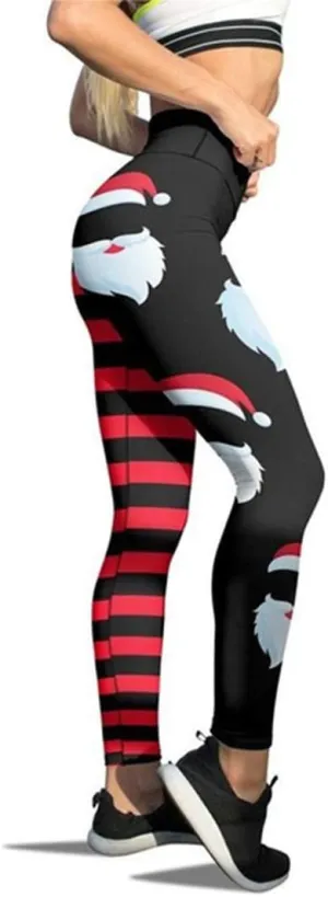 JIFRE Soft High Waist Santa Stripe Print Legging Hip Lift Slim Yoga Pants for Christmas Sportwear Fitness Running