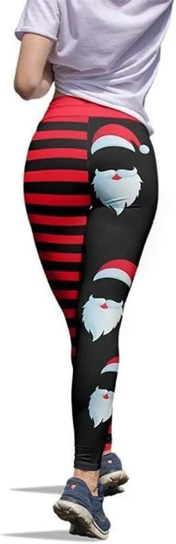 JIFRE Soft High Waist Santa Stripe Print Legging Hip Lift Slim Yoga Pants for Christmas Sportwear Fitness Running