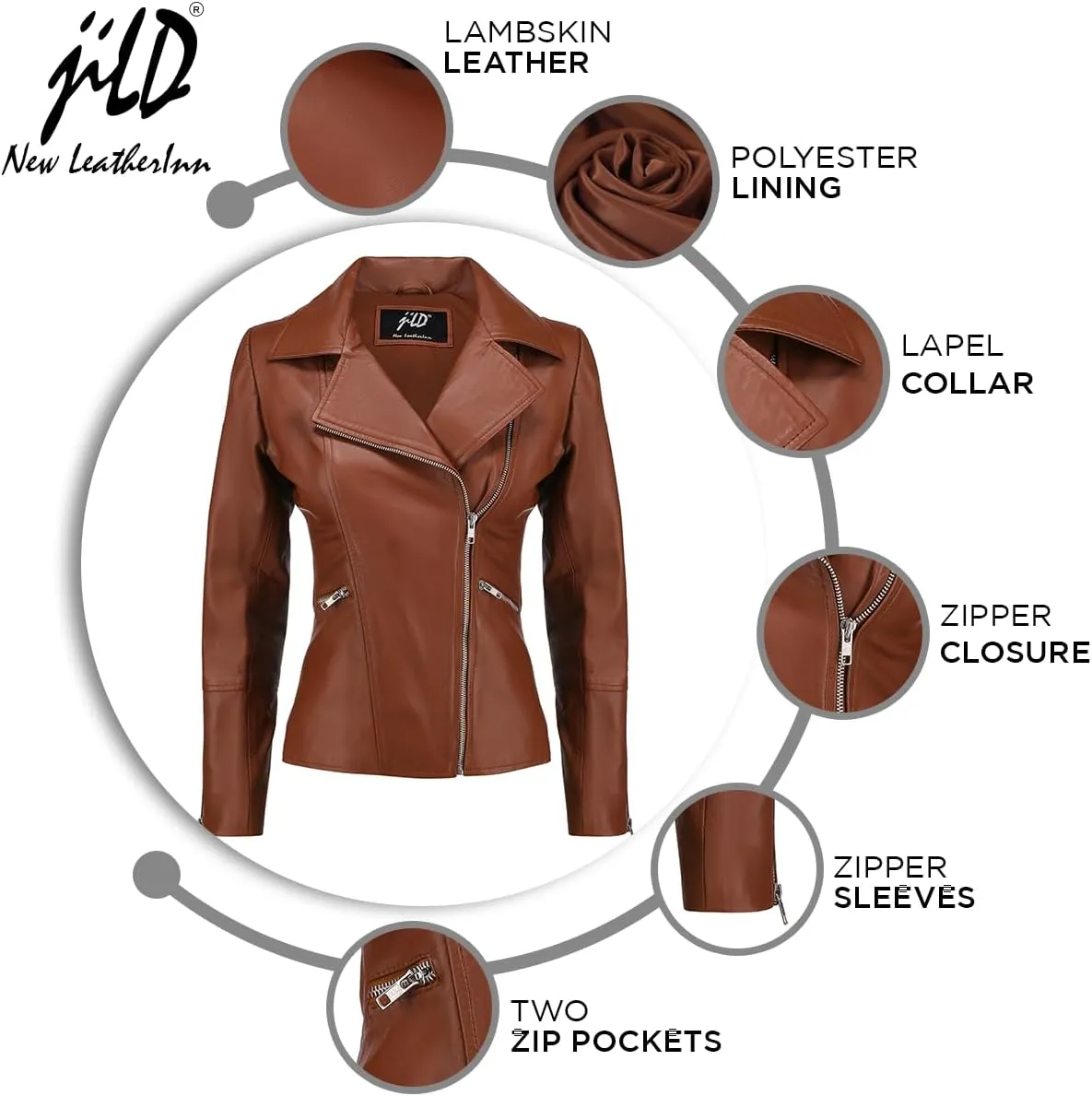 Jild Women's Asymmetrical Zip-Up Real Lambskin Leather Motorcycle Jacket - Casual Fashion Moto Biker Leather Jacket Women