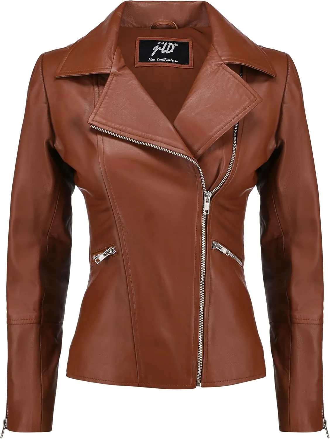 Jild Women's Asymmetrical Zip-Up Real Lambskin Leather Motorcycle Jacket - Casual Fashion Moto Biker Leather Jacket Women