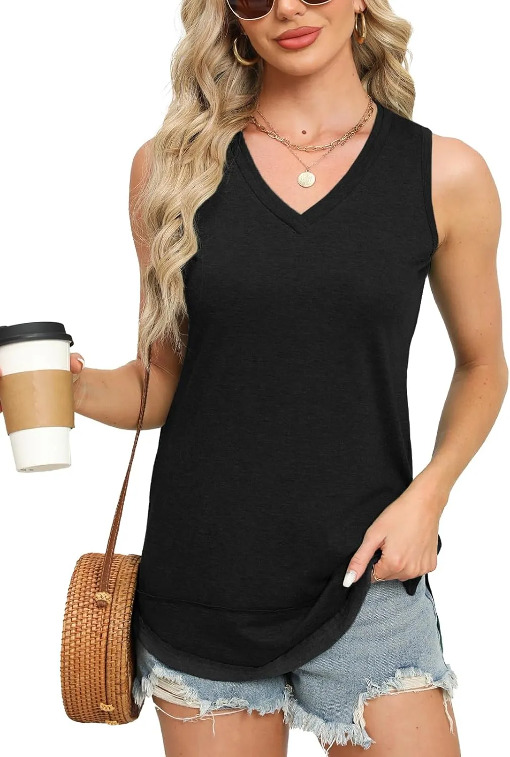 JomeDesign Summer Tank Tops for Women Loose Fit Sleeveless V Neck Shirts Casual Tshirts