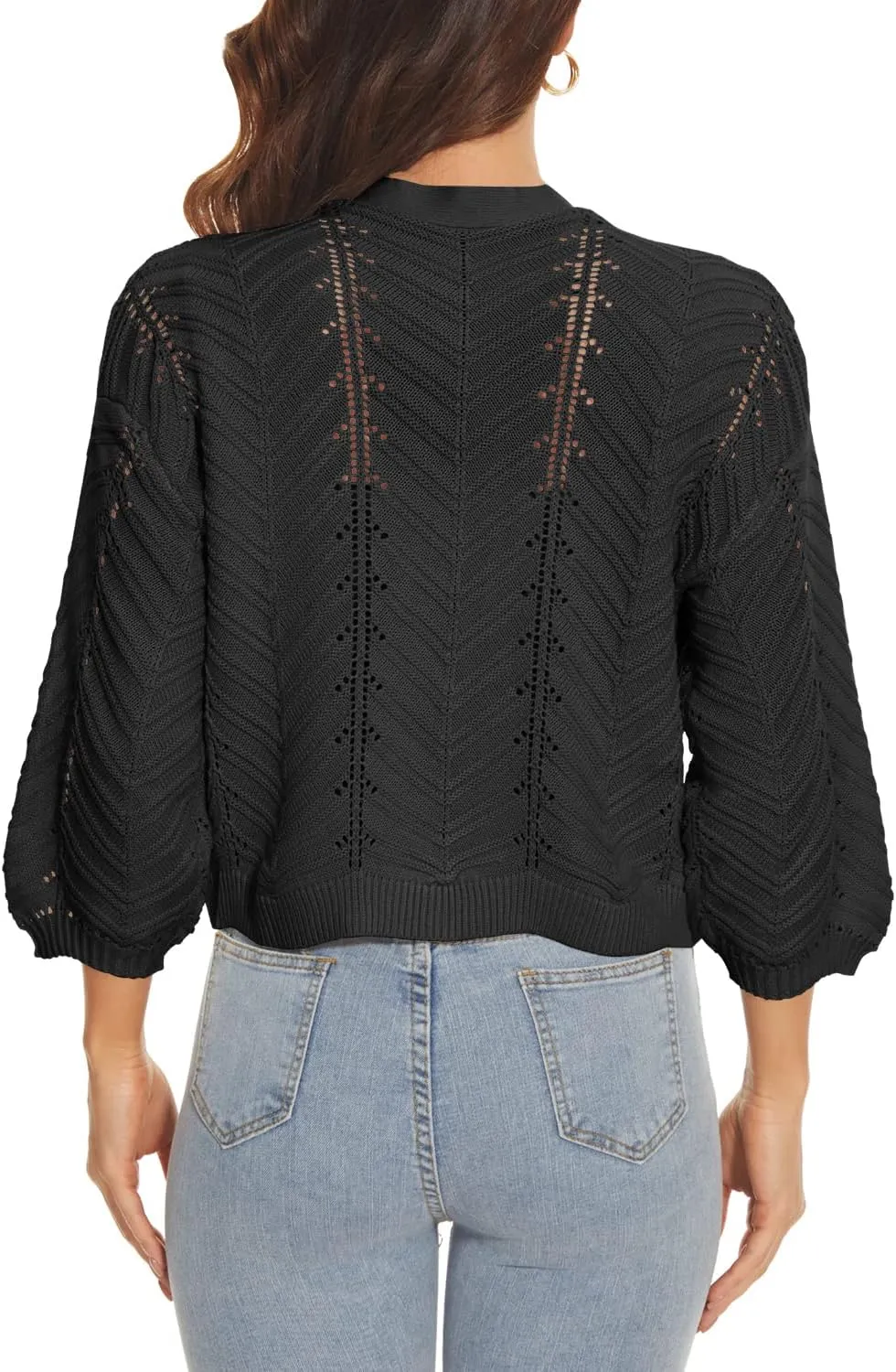 Jumppmile Womens 3/4 Sleeve Soft Crochet Cardigan Batwing Open Front Shrugs Cropped Sweater