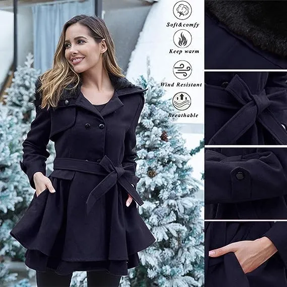 KELYWELL Women's Double Breasted Pea Coat Faux Fur Lapel Thick Wool Trench Jacket Winter Mid-Long Trench Coat with Belt