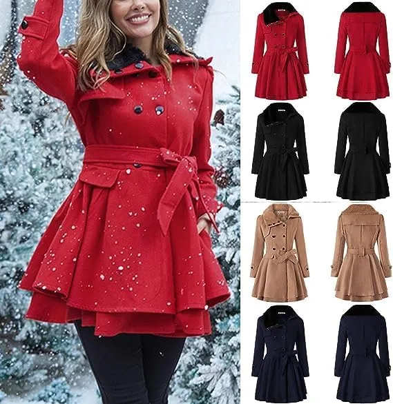 KELYWELL Women's Double Breasted Pea Coat Faux Fur Lapel Thick Wool Trench Jacket Winter Mid-Long Trench Coat with Belt