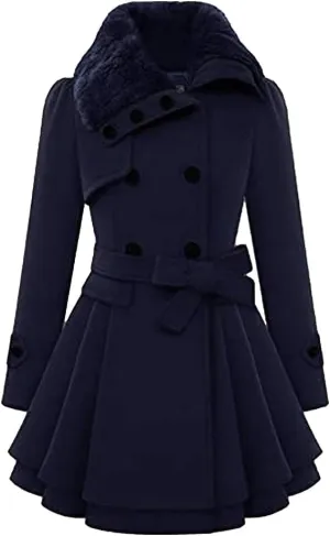 KELYWELL Women's Double Breasted Pea Coat Faux Fur Lapel Thick Wool Trench Jacket Winter Mid-Long Trench Coat with Belt
