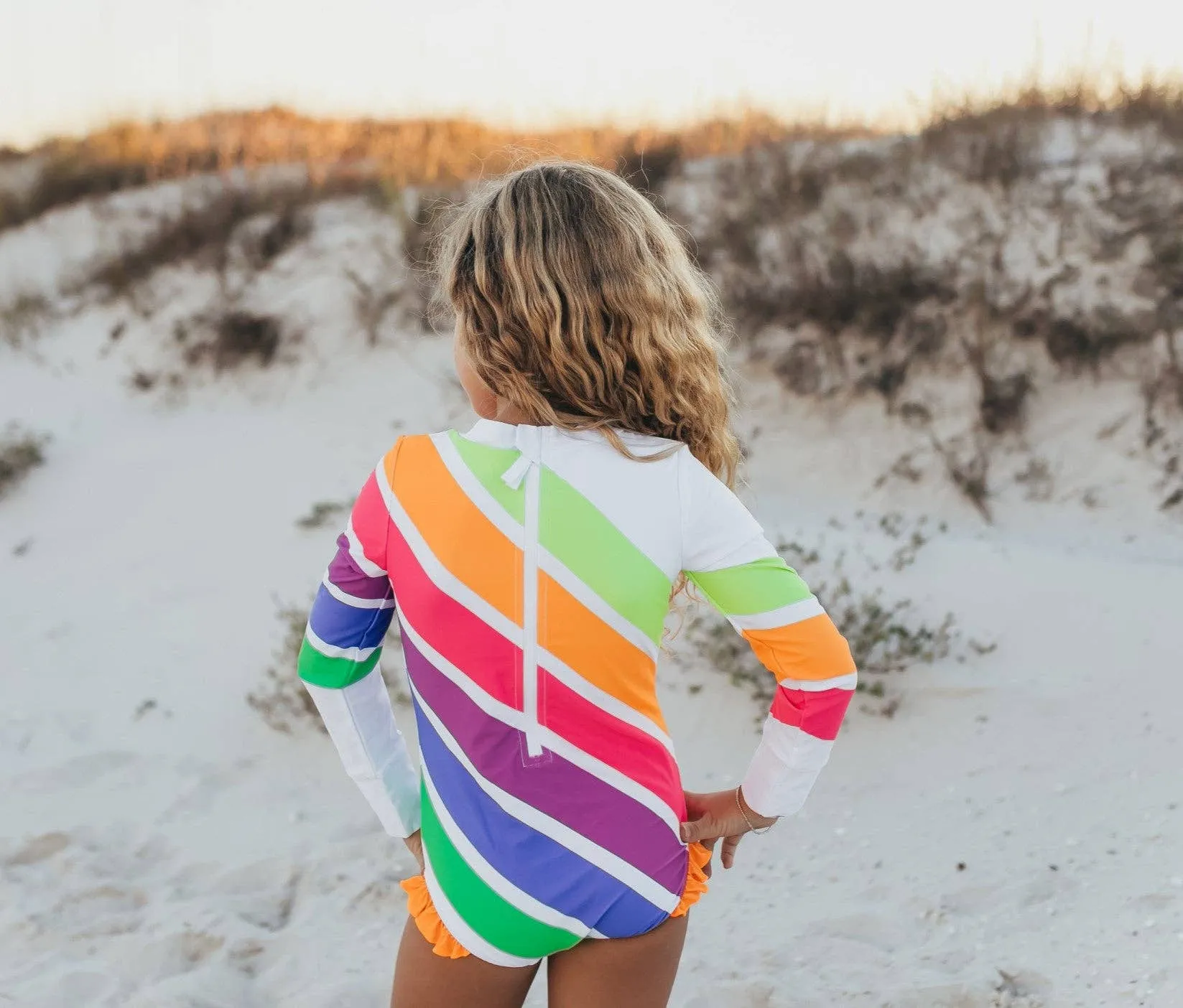 Kids Bright Neon Stripe Zip Rash Guard One Piece Swimsuit